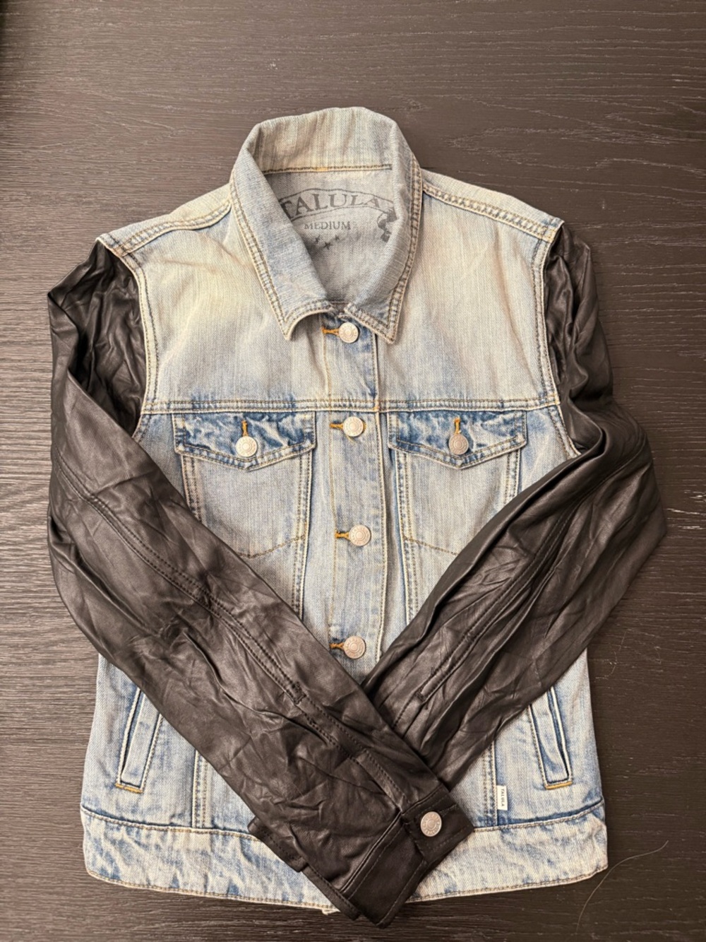 Aritzia Denim Jacket with Black Leather Sleeves